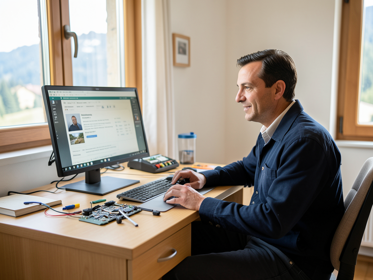 Bureau calme d'un technicien informatique dans une maison typique du Valais, écran et outils de réparation posés sur un bureau en bois clair, lumière naturelle